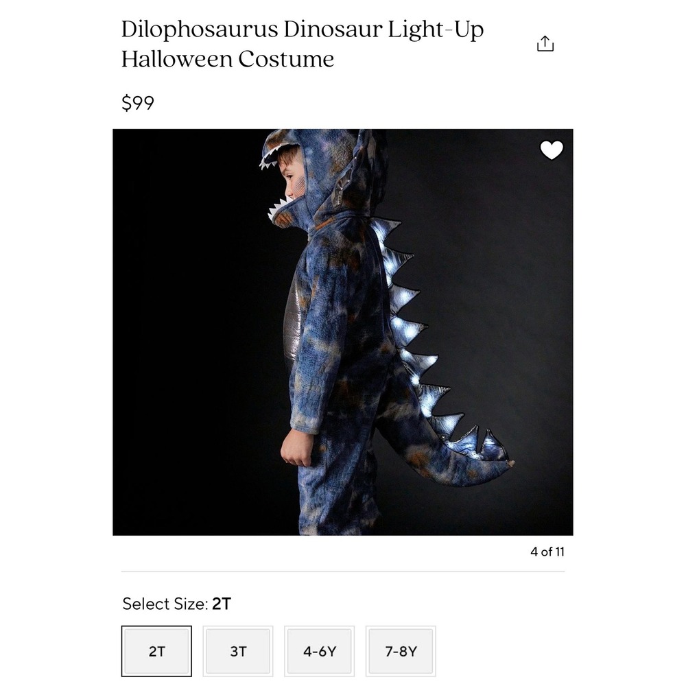 Pottery Barn Kids Dilophosaurus Dinosaur Light-Up Halloween Costume 2T 9526347